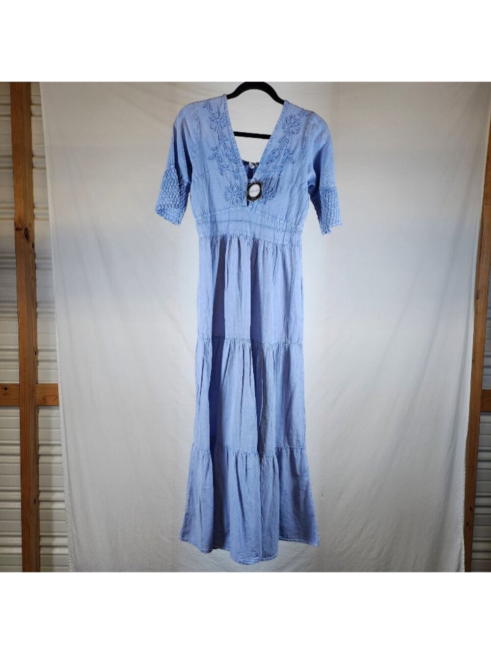 Giocam Embroidered Midi Dress Medium Blue Tier Smock Coastal Beachy Euro Summmer
